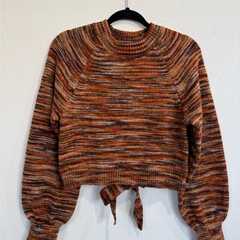 Vanilla Star Brown Marled Open Back Tie Sweater S Boho Y2K Fall Balloon Sleeve - Picture 6 of 11
